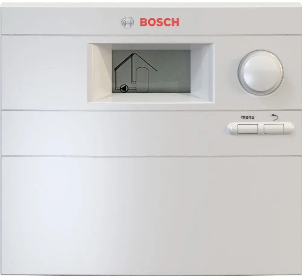 Weißes Steuergerät von Bosch mit Display, einem Drehknopf und zwei Tasten für die Menüführung, zeigt eine grafische Darstellung eines Hauses.